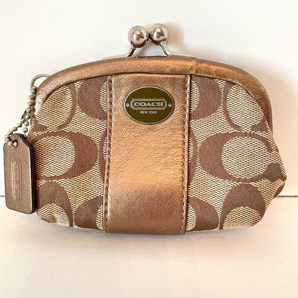 Coach Signature Canvas Bronze Leather Kisslock Pouch - Picture 1 of 8